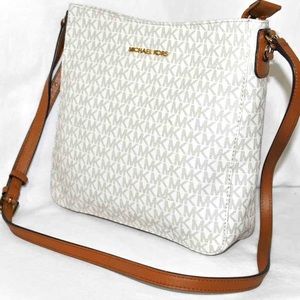 Michael Kors Jet Set Travel Logo Crossbody Messenger Bag Ivory White Brown Purse